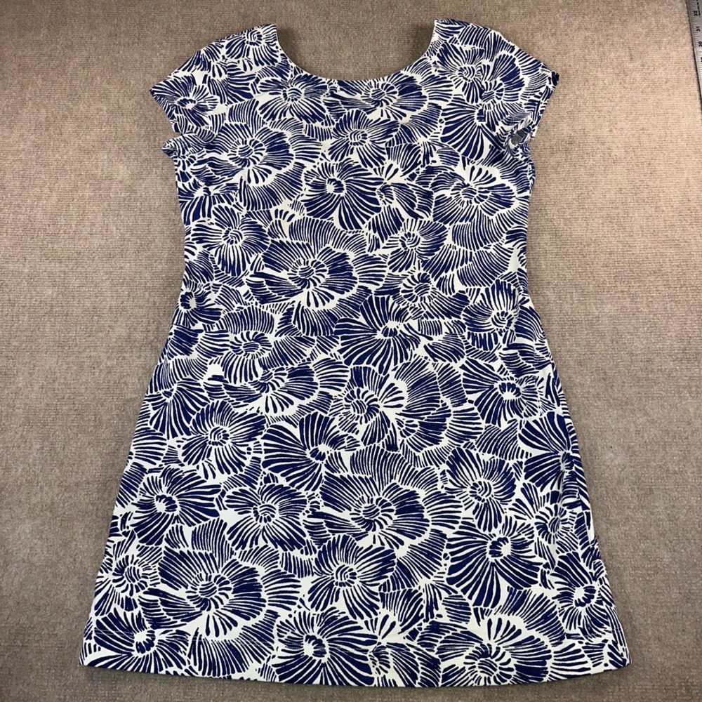 Mahi Gold Womens Navy Blue White Floral Shell Print Shift Dress Large USA Made